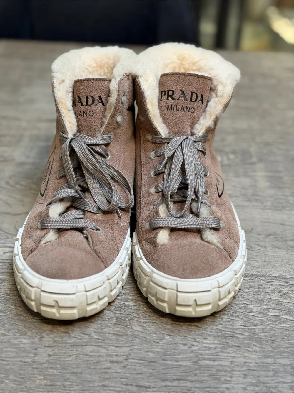 Prada Brown Suede Shearling-Lined Sneakers